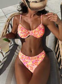 SHEIN Summer Women's Ditsy Floral Wire Rimmed V-Neck Strappy Ruched Back Snap Cute Casual Beach Bikini Two-Piece Swimwear Set - Multicolor - View 4