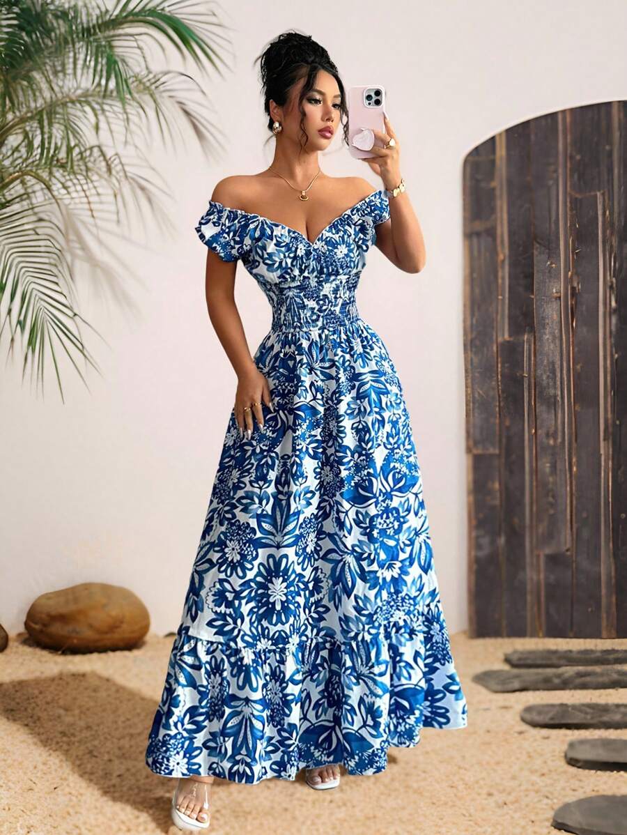 Selianne 全新女式轻盈编织花卉泡泡袖露背褶皱修身长裙，优雅迷人，适合约会、度假