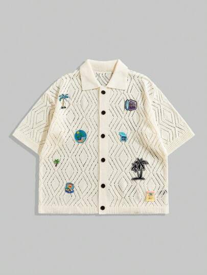 Street Life Men's Vacation Loose Front Button Patched Knitted Short Sleeve Top