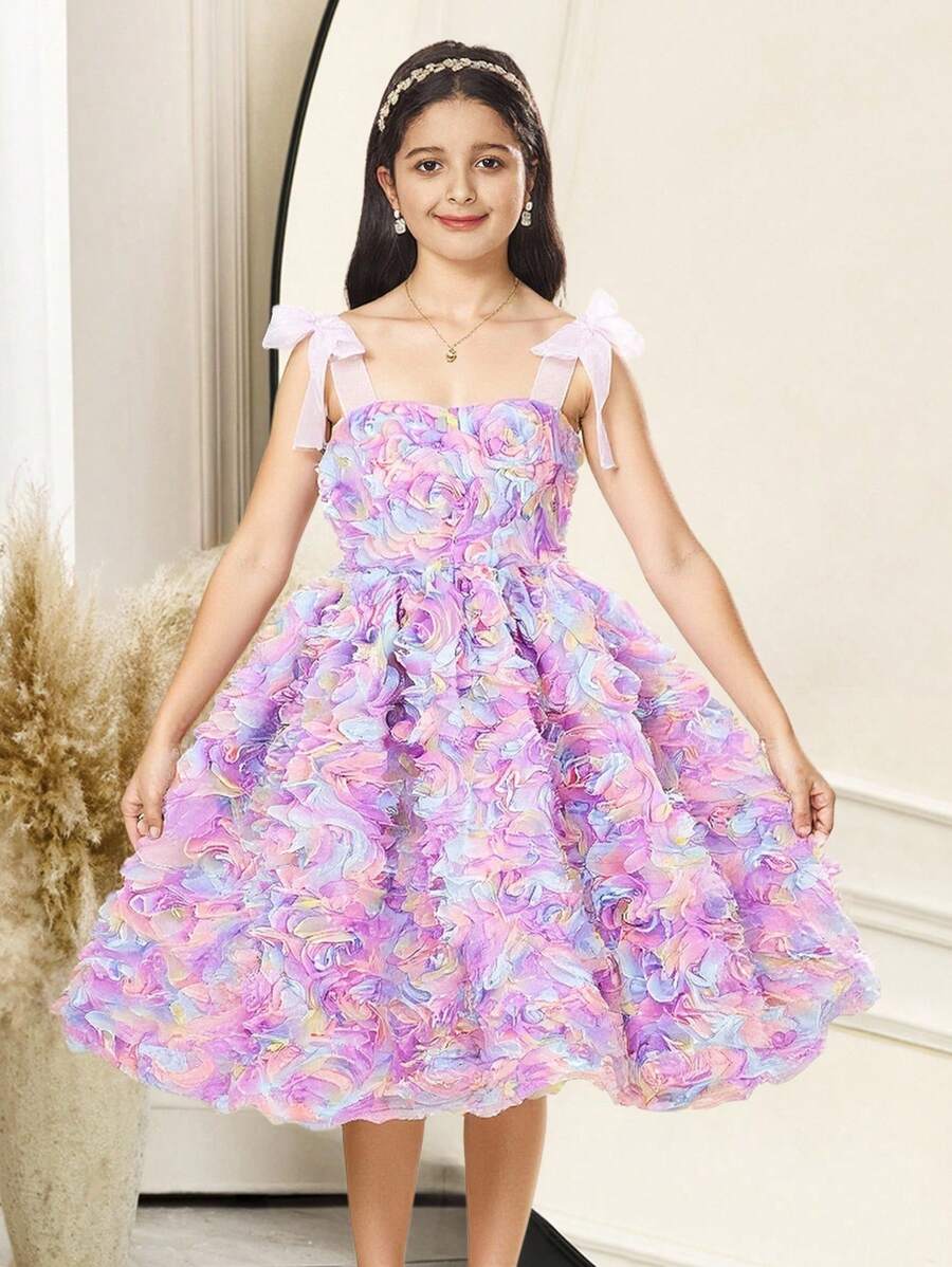 SHEIN 女童蝴蝶结和3D花卉装饰优雅连衣裙 - 淡紫色 - 查看 1
