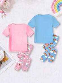 4pcs Baby Girl Cute Rainbow Print Elastic Knit Pajamas Set,Blue And Pink,Summer Short Sleeve Shirt And Pants,Soft Comfortable Snug Fit Night Outfit - White - View 2