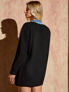 EURMUSE Cardigan cu decolteu detaliat în denim pentru femei, în culoare solidă