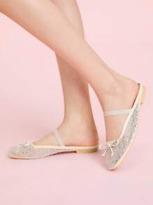 CUCCOO DOLLMOD Fashionable Women's Fully Rhinestone Mesh Bow Mary Jane Ballet Flats, Elegant Comfortable Cute Slip-On Loafers - Beige - View 7