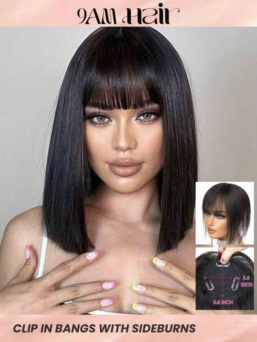 Straight Natural Black Color Topper Hair With Bangs Human Hair Toppers For Women Clip In Hair Extensions Daily Use Easy To Wear