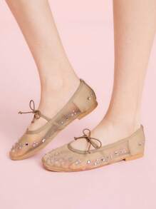 CUCCOO DOLLMOD أحذية أنيقة مريحة للنساء من نوع مري جين بتصميم قدم لوز مستديرة، بتزيين حزام من الشبكة والراين ستون مع فيونكة، تصميم مع تهوية جيدة