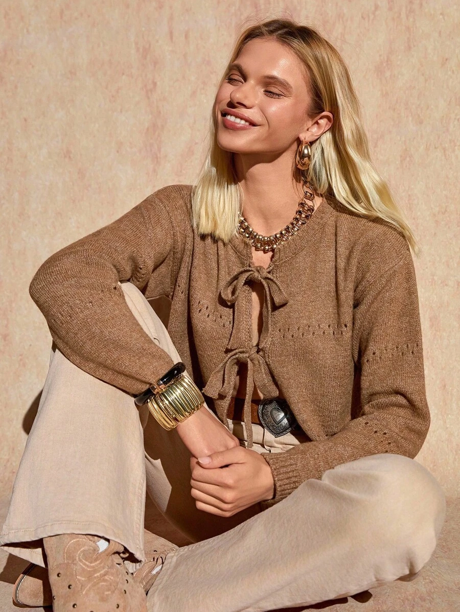 Bóhologie Women Solid Color Front Tie Hollow Out Detailed Drop Shoulder Brown Cardigan,Long Cardigans Woman,Petite Cardigans,Cardigans - Brown - View 1