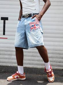 ROMWE MEN Street Life Shorts vaqueros casuales de verano para hombres con estampado de bandera nacional lavada - Azul - Ver 1