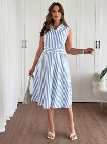 SHEIN PETITE Plus Size Sleeveless Casual Commuting Dress For Summer - Blue and White - View 4