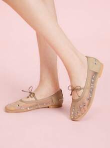 CUCCOO DOLLMOD أحذية أنيقة مريحة للنساء من نوع مري جين بتصميم قدم لوز مستديرة، بتزيين حزام من الشبكة والراين ستون مع فيونكة، تصميم مع تهوية جيدة