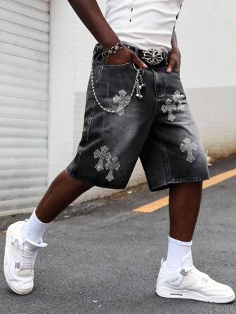 Street Life Pantalones cortos de jean con patrón de diamantes brillantes para hombre
