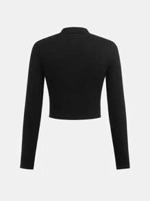 SHEIN Girlism Everyday Casual Black Polyester Stand Collar Jacket For Tween Girls With Regular Long Sleeves Black Zip Up Cropped Jacket Black Jacket Cropped Zip Up Jacket Black Cropped Jacket,In Fall/Winter