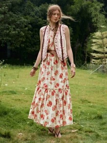 Florisole 女士夏季波西米亚浪漫印花宽松无袖高腰度假连衣裙 - 粉色 - 查看 4