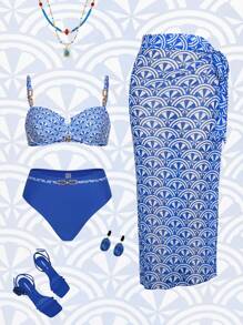 The White Lotus Swim Vcay 3pcs/Set Summer New Random Print Fashion Bikini Swimsuit & Beach Cover Up Skirt Set - Blue - View 3