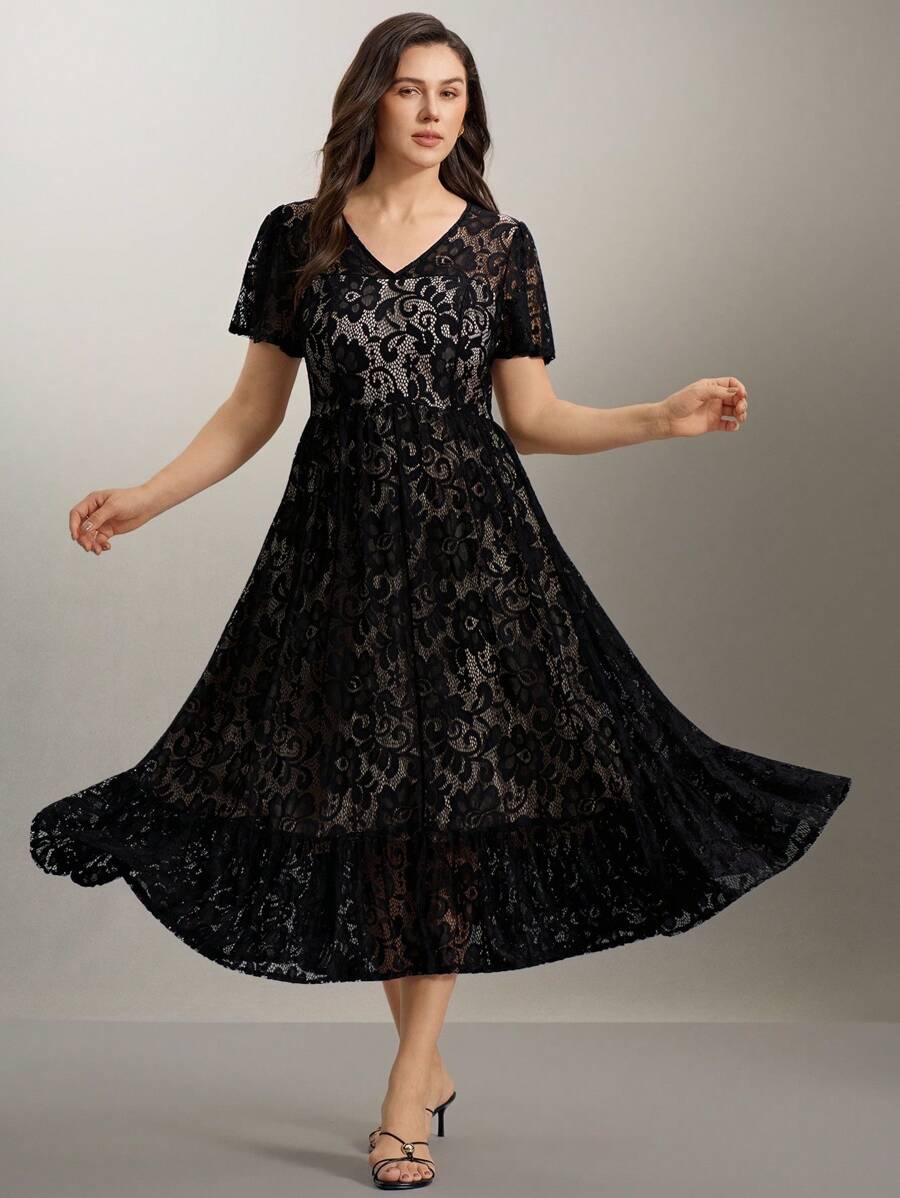 Rometta Váy ren thanh lịch cỡ lớn, trang phục Maxi mùa hè cho nữ - màu đen - Xem 1