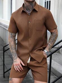 Manfinity CasualCool 2 件套：纯色纹理提花休闲时尚短袖衬衫 - 鏽棕色 - 查看 5