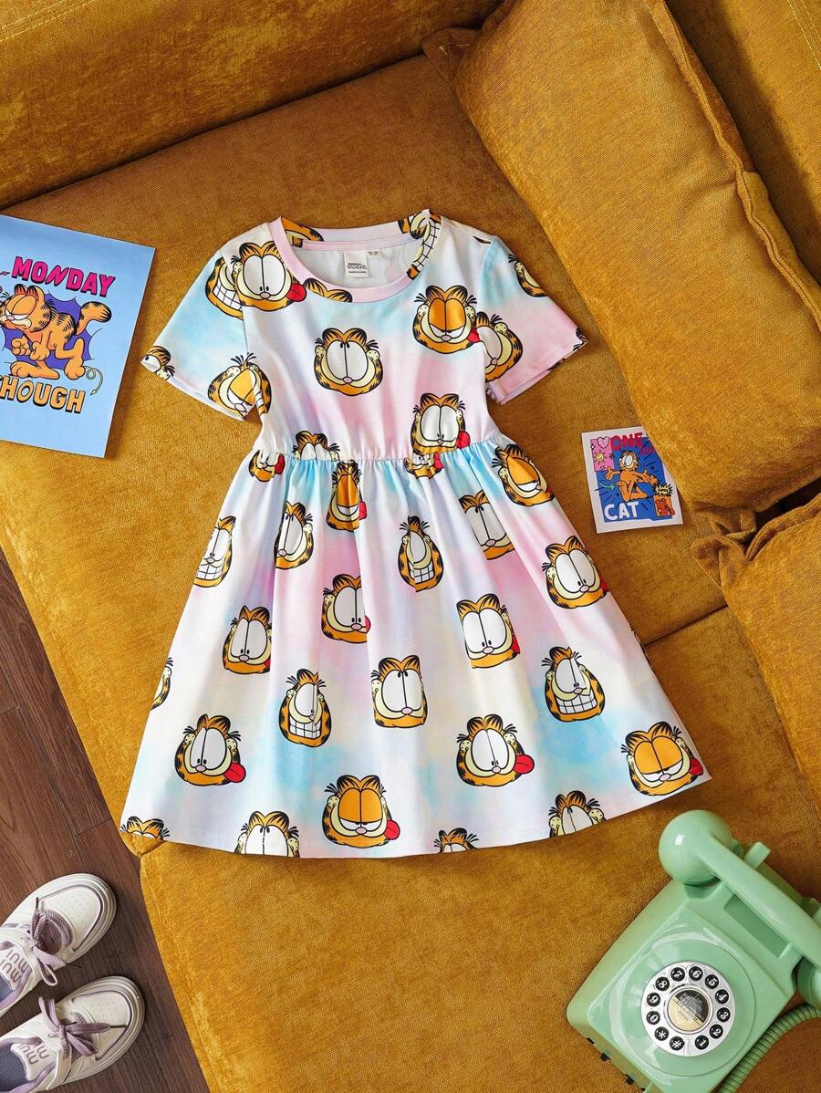 GARFIELD | SHEIN Váy ngắn tay họa tiết hoạt hình và nhuộm màu cho kỳ nghỉ hè dễ thương dành cho bé gái - Nhiều màu - Xem 1