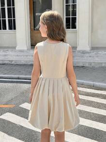 SHEIN Tween Girls Solid Apricot Beige Puffy Hem Suit Vest 2 In 1 Sleeveless Dress, Back To School, Formal Dresses, Summer Dress, Girls School Dress, School Clothes For Girls, Teen Girl Clothes For School, Girls School Clothes, Girls Back To School Outfits, Mommy And Daughter Outfits - Khaki - View 2