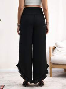 SHEIN Pantalon de femme enceinte taille haute patte d'éléphant avec volant à l'ourlet - Noir - Voir 2
