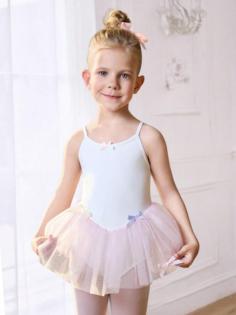 SHEIN 女童芭蕾舞裙套装，时尚优雅芭蕾舞服，粉色网眼舞蹈紧身衣带裙，短袖，蝴蝶结，四向拉伸，夏季