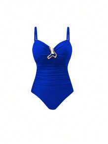 Swim Oasis 大码女式高端 Oasis 两件套黑色抹胸修身泳衣，搭配透明网眼罩裙，非常适合夏季海滩度假 - 寶藍色 - 查看 4