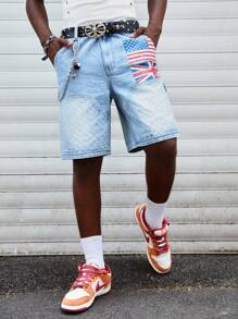 ROMWE MEN Street Life Shorts vaqueros casuales de verano para hombres con estampado de bandera nacional lavada - Azul - Ver 7