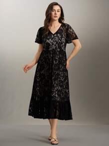 Rometta Váy ren thanh lịch cỡ lớn, trang phục Maxi mùa hè cho nữ - màu đen - Xem 4