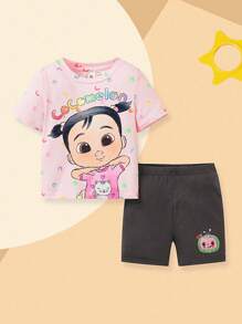 CoComelon X SHEIN Conjunto de camiseta rosa con estampado de niña de dibujos animados y letras coloridas, y shorts cómodos negros para bebé niña - Rosa vieja - Ver 7