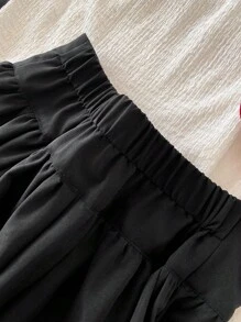 SHEIN 2件套少女荷叶边修身露脐上衣和高腰芭蕾舞裙式黑色郁金香裙套装 - 彩色 - 查看 3