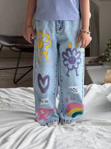 SHEIN Explorewe Denimly Girls Casual Daily Urban Street Cute Graphic Decorative Distressed Design Simple Versatile Jeans - Medium Wash - View 4