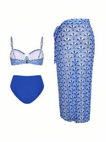The White Lotus Swim Vcay 3pcs/Set Summer New Random Print Fashion Bikini Swimsuit & Beach Cover Up Skirt Set - Blue - View 9