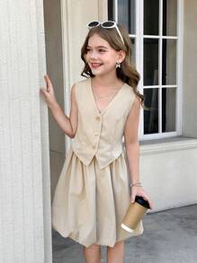 SHEIN Tween Girls Solid Apricot Beige Puffy Hem Suit Vest 2 In 1 Sleeveless Dress, Back To School, Formal Dresses, Summer Dress, Girls School Dress, School Clothes For Girls, Teen Girl Clothes For School, Girls School Clothes, Girls Back To School Outfits, Mommy And Daughter Outfits - Khaki - View 5
