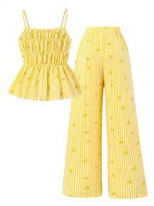 Sparklyn 条纹蝴蝶结吊带背心和直筒裤套装，适合少女夏季假日风格