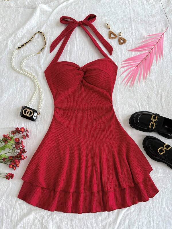 Tween Girl Vacation Solid Color Halter Dress