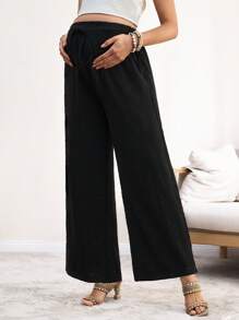 SHEIN 纯色长款系带下摆休闲孕妇裤 - 黑色 - 查看 4