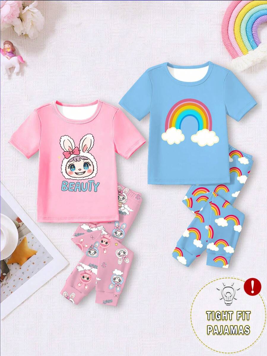 4pcs Baby Girl Cute Rainbow Print Elastic Knit Pajamas Set,Blue And Pink,Summer Short Sleeve Shirt And Pants,Soft Comfortable Snug Fit Night Outfit - White - View 1