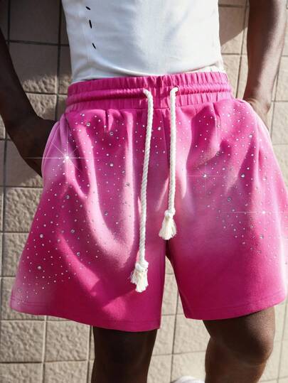 Street Life Pantalones cortos sueltos para hombre con efecto desgastado y lavado, decorados con rhinestones
