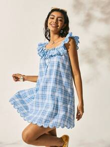 Easelle 复古游牧风格方领格子荷叶边女式连衣裙 - 彩色 - 查看 2