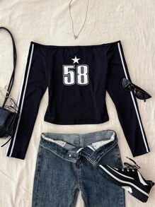 SHEIN Teen Girls' Off-Shoulder Cropped Letter Print T-Shirt, Fitted Cut, Graphic Tee, Casual, Streetwear, Y2K, Back To School - Black - View 6