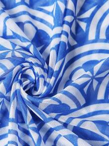 The White Lotus Swim Vcay 3pcs/Set Summer New Random Print Fashion Bikini Swimsuit & Beach Cover Up Skirt Set - Blue - View 12