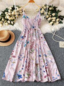 SHEIN Holidaya 女式优雅休闲系腰细肩带长款印花连衣裙 - 粉色 - 查看 2