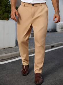 Manfinity Mode Pantalones casuales rectos y holgados de unicolor con bolsillo parche para hombres de talla grande - Caqui - Ver 1