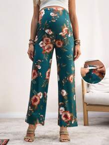 Pantalones holgados y de pierna ancha para maternidad con estampado - Verde Oscuro - Ver 1