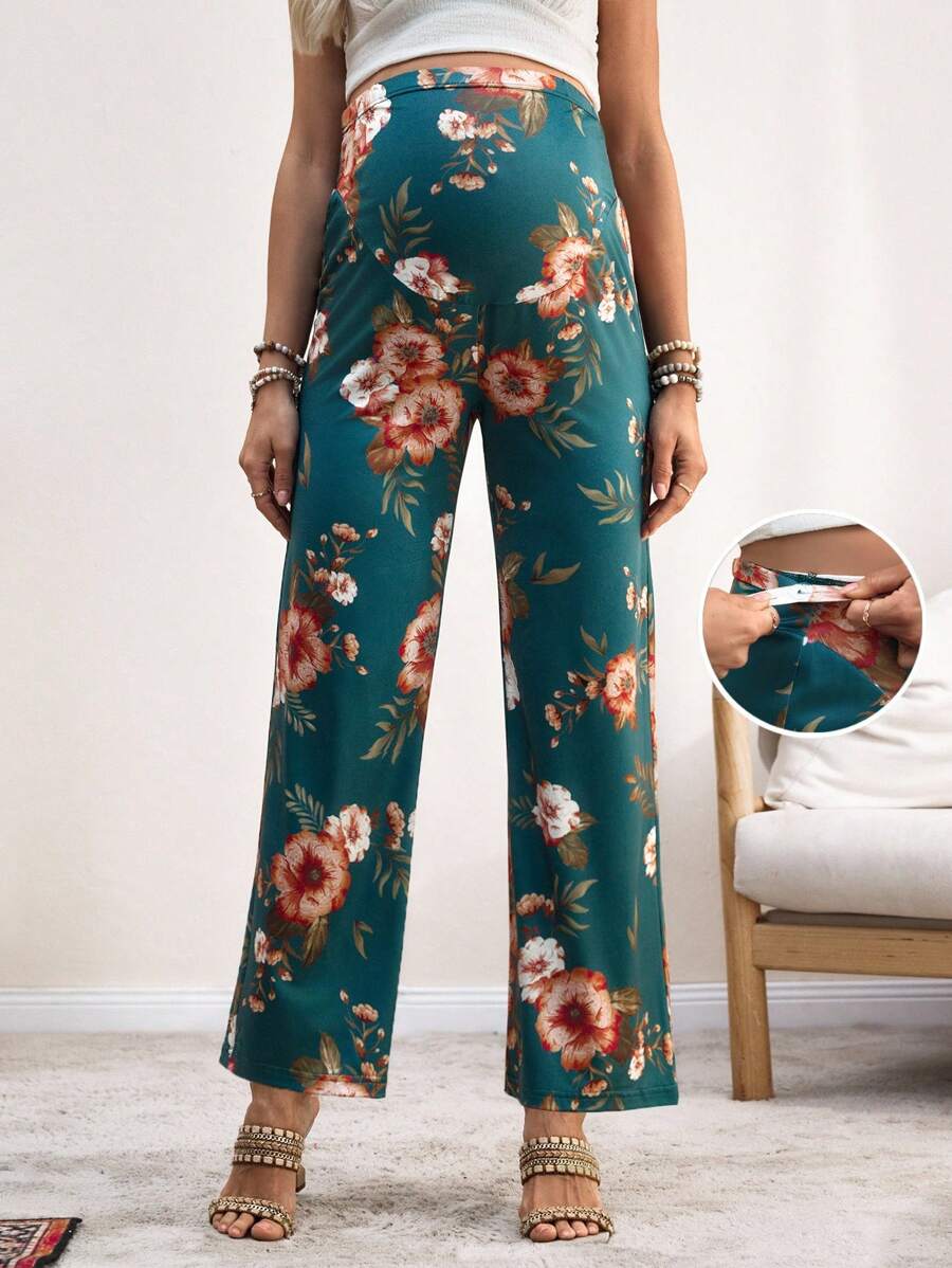 Pantalones holgados y de pierna ancha para maternidad con estampado - Verde Oscuro - Ver 1