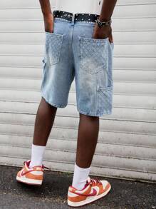 ROMWE MEN Street Life Shorts vaqueros casuales de verano para hombres con estampado de bandera nacional lavada - Azul - Ver 3