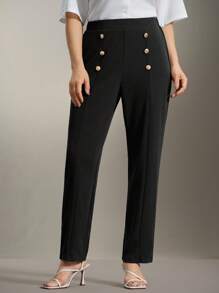 Flouryn Plus High Waist Button Detail Trousers - Black - View 4