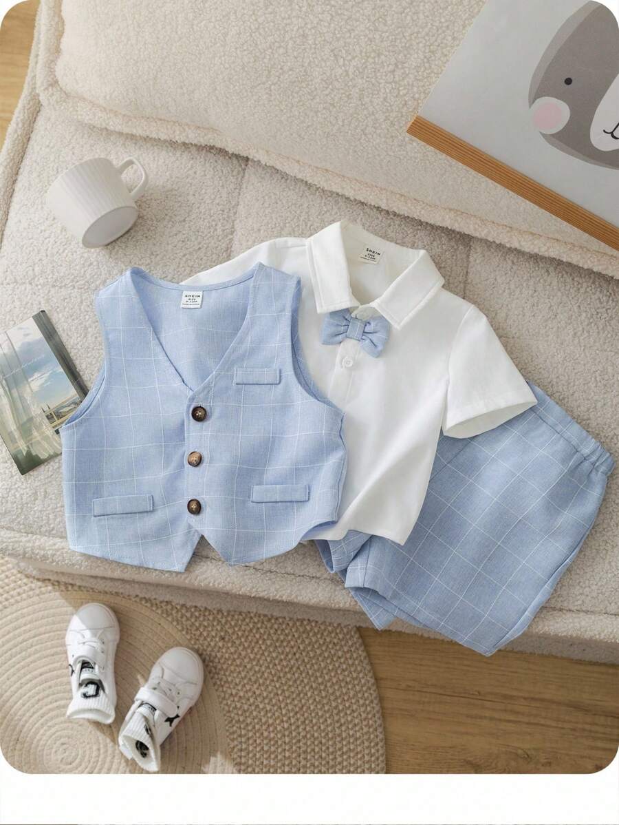 3 件套男婴夏季可爱绅士服装套装:格子背心、短裤、短袖衬衫(带领结),适合生日派对、洗礼、1 岁生日庆祝、正式场合、表演、婚礼 - 彩色 - 查看 1