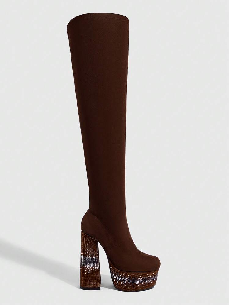 CUCCOO SZL レディース スクエアトゥ チャンキーヒール ラインストーン オンブレ コーヒーカラー スエード エラスティック フィット エレガントなパーティー用 ニーハイブーツ ジップ付き