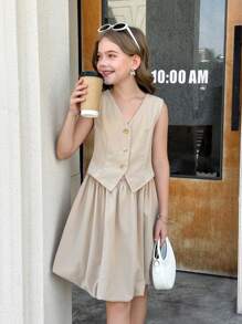 SHEIN Tween Girls Solid Apricot Beige Puffy Hem Suit Vest 2 In 1 Sleeveless Dress, Back To School, Formal Dresses, Summer Dress, Girls School Dress, School Clothes For Girls, Teen Girl Clothes For School, Girls School Clothes, Girls Back To School Outfits, Mommy And Daughter Outfits - Khaki - View 3