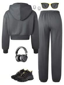 SHEIN 2 件套青少年女孩字母印花落肩连帽衫和运动裤 - 灰色 - 查看 2