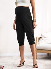 SHEIN Maternity Casual Solid Color High Waist Capri Pants - Black - View 4